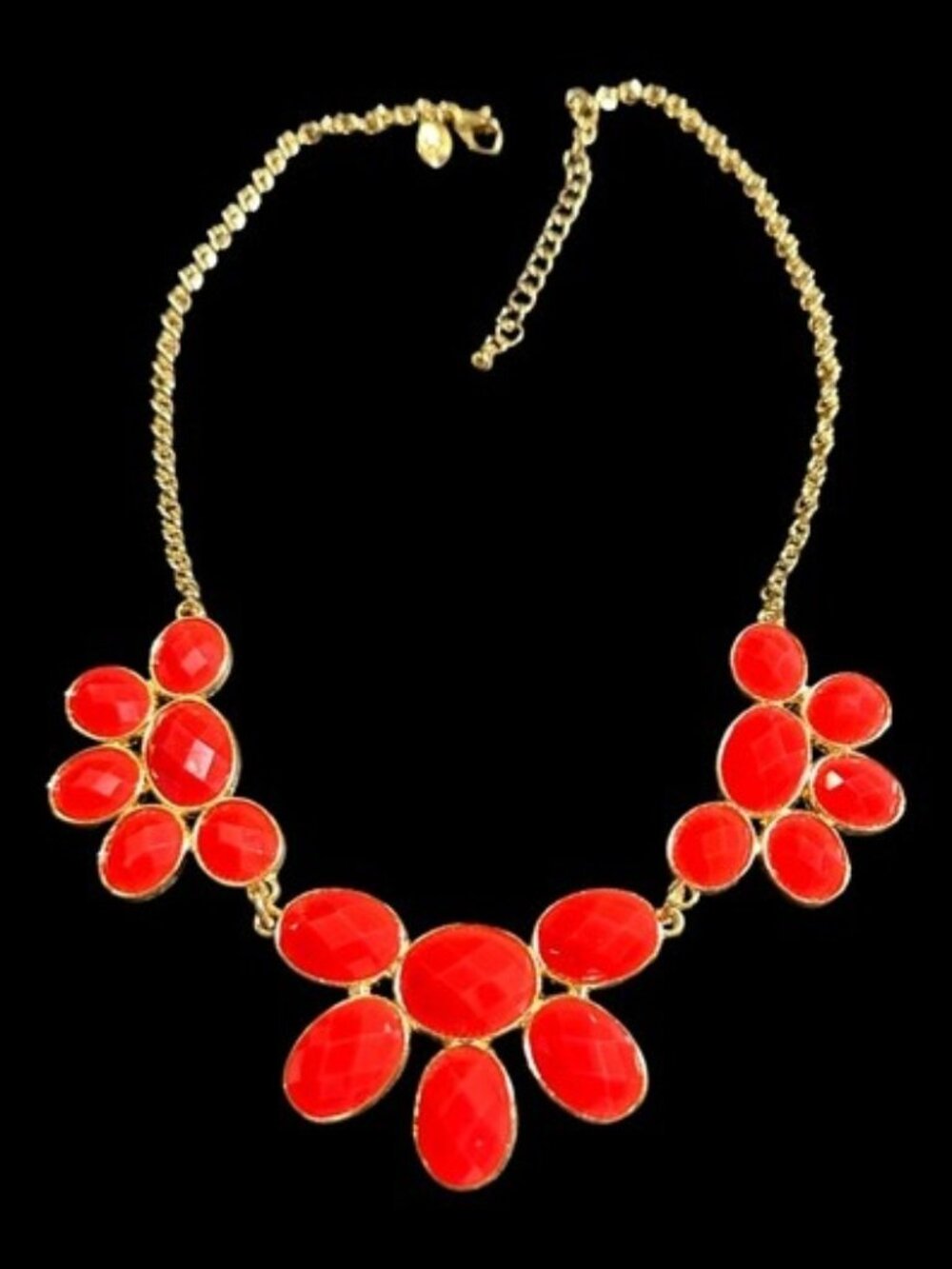 Red Floral Statement Necklace With Gold Chain Adjustable Clasp